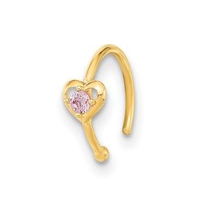 14k Yellow Gold Genuine 20 Gauge Hoop with Heart CZ Nose Ring Body Jewelry, Size